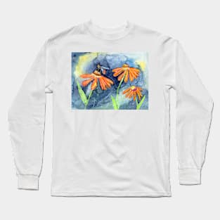 Bumble Bee with Orange Flowers Colorful Mixed Media Art Long Sleeve T-Shirt